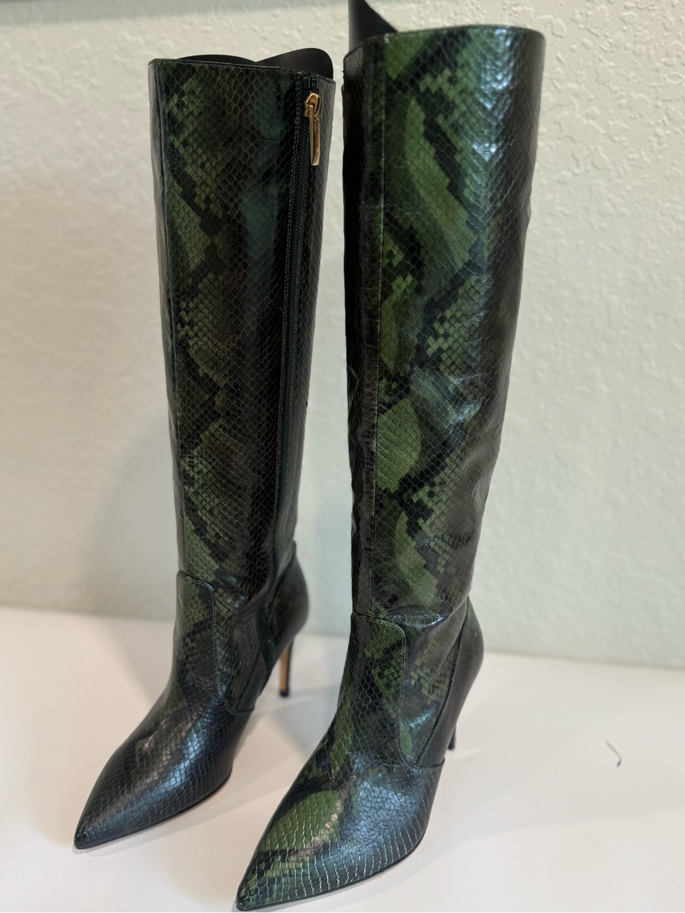L’AGENCE  Green Snake-Print Over-the-Knee Pointed Toe Boots